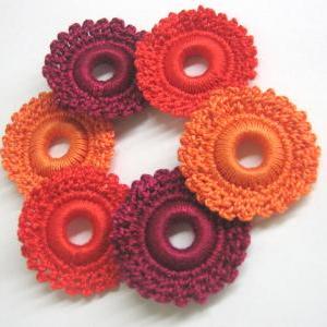 Crocheted Hoops Handmade Wood Beads In Maroon, Red..