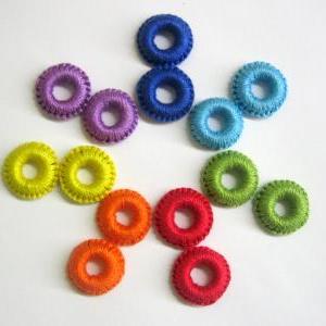 Crocheted Hoops Handmade Wood Beads In Rainbow..