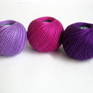 Cotton Crochet Thread, 3 Balls, Purple And Pink..