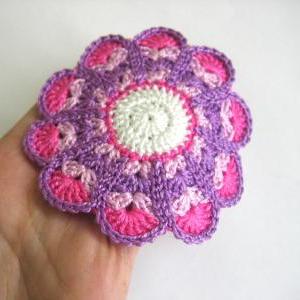 Handmade Crocheted Flower Motif Applique Pink And..