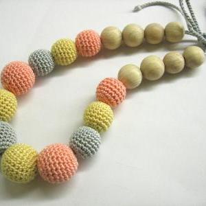 Nursing Necklace - Crochet Beads And Wood Teething..