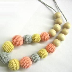 Nursing Necklace - Crochet Beads And Wood Teething..