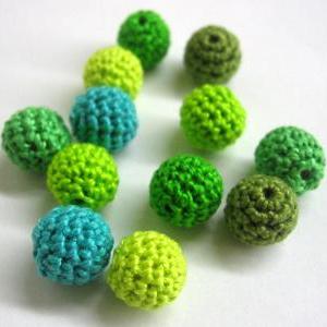 Crocheted Beads 12 Mm - Green Mix, Handmade Beads..