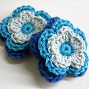 Handmade Crocheted Cotton Flower Appliques In Blue..