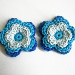 Handmade Crocheted Cotton Flower Appliques In Blue..