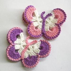 Crocheted Butterfly Appliques 2pc In White Pink..