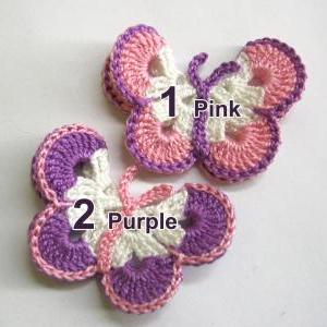 Crocheted Butterfly Appliques 2pc In White Pink..