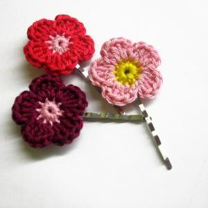 Crocheted Bobby Pins Colorful Flowers In Pink, Red..