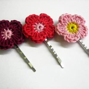 Crocheted Bobby Pins Colorful Flowers In Pink, Red..