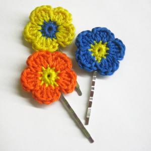 Crocheted Bobby Pins Colorful Flowers In Blue,..