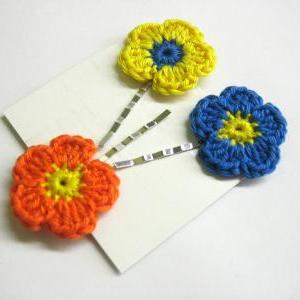 Crocheted Bobby Pins Colorful Flowers In Blue,..