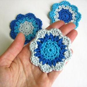 Handmade Crocheted Flower Motif Appliques In Blue..