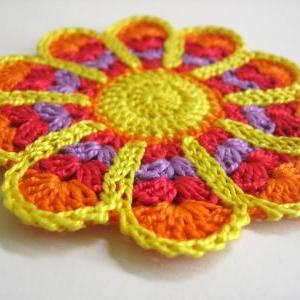 Handmade Crocheted Flower Motif Applique Red..