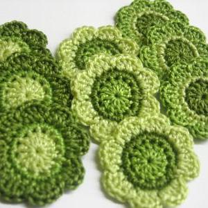 Handmade Cotton Flower Motifs Appliques In Green..