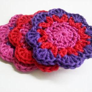 Handmade Crocheted Flower Motif Appliques In Pink..