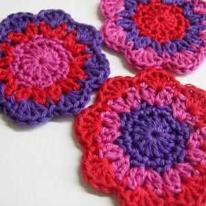Handmade Crocheted Flower Motif Appliques In Pink..
