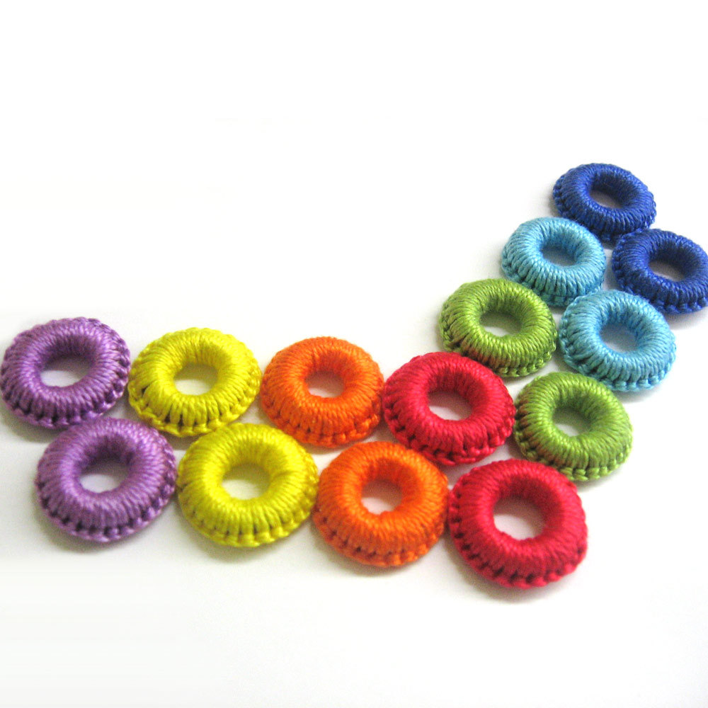 Crocheted Hoops Handmade Wood Beads In Rainbow Shades, 1 Inch Wide, 14 Pc