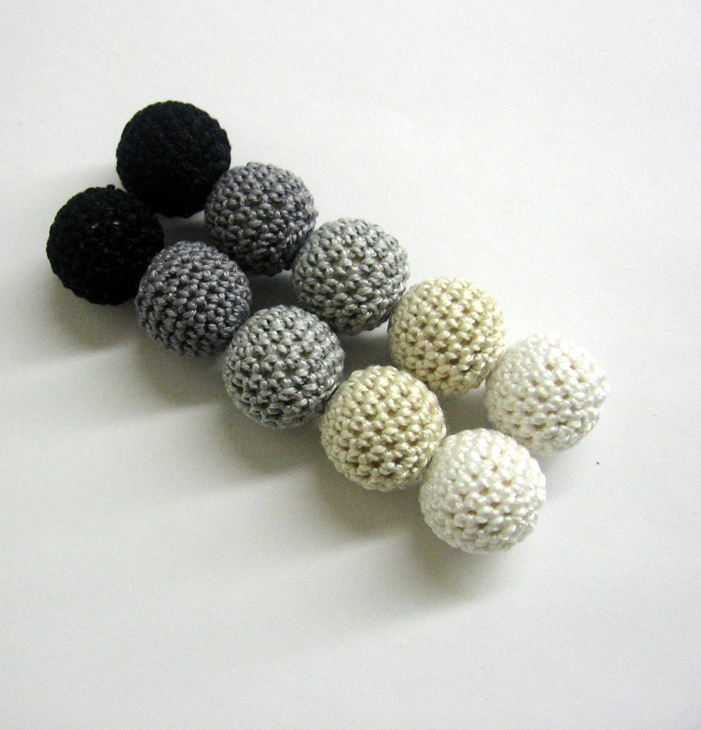 Crochet Beads 20 Mm Handmade Round Black, White, Gray And Ecru Balls, Set Of 10