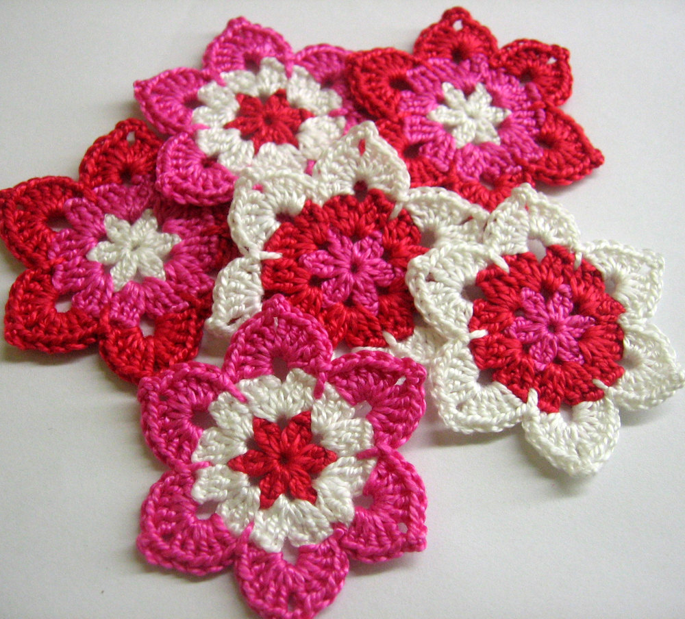 Handmade Flower Motifs Appliques In Pink, Red And White Set Of Six 2 1/2 Inches