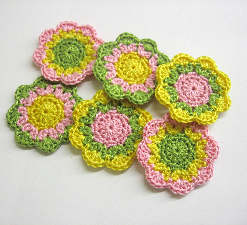 Handmade Cotton Flower Motifs Appliques In Green Yellow Pink Set Of Six 2 Inches