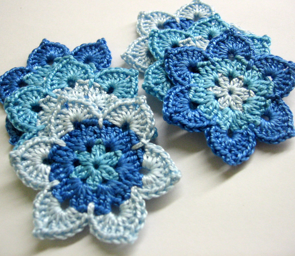 Handmade Flower Motifs Appliques In Blue Set Of Six 2 1/2 Inches