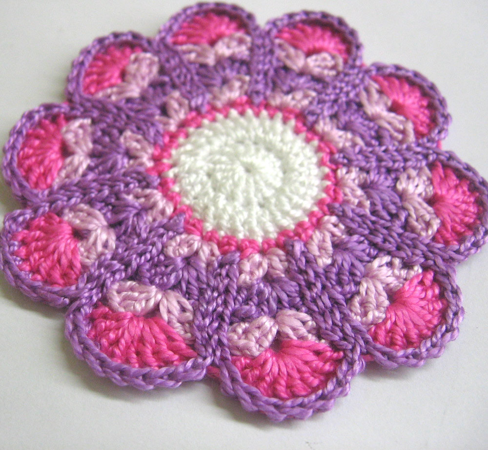 Handmade Crocheted Flower Motif Applique Pink And Purple 3,5 Inches Wide