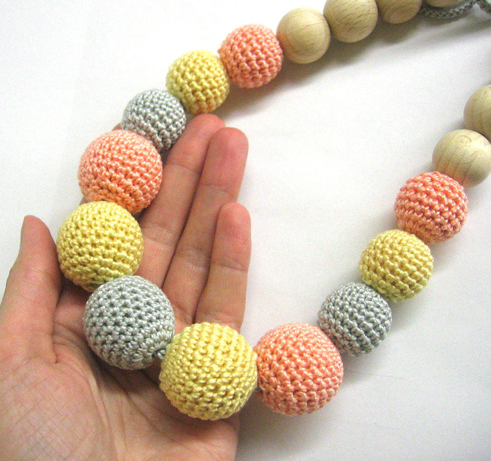 Nursing Necklace - Crochet Beads And Wood Teething Necklace In Pastel Shades