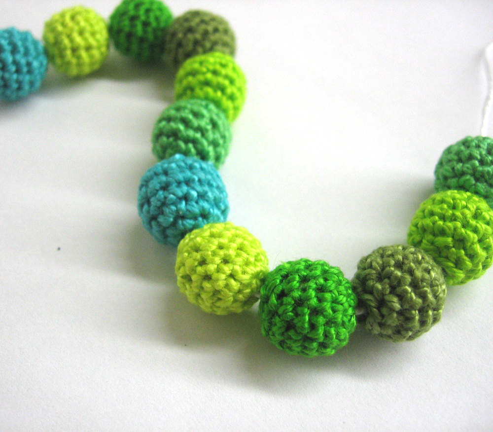 Crocheted Beads 12 Mm - Green Mix, Handmade Beads Set Of 12