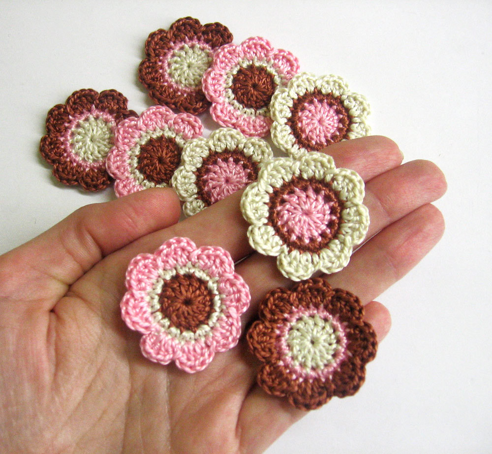 Handmade Cotton Flower Motifs Appliques In Brown Pink Cream 1,4 Inches Set Of Nine