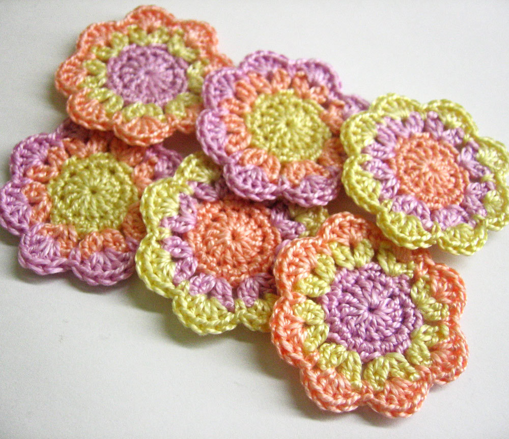 Handmade Cotton Flower Appliques Motifs In Light Yellow, Lavender And Peach Pink 2 Inches Wide Set Of 6