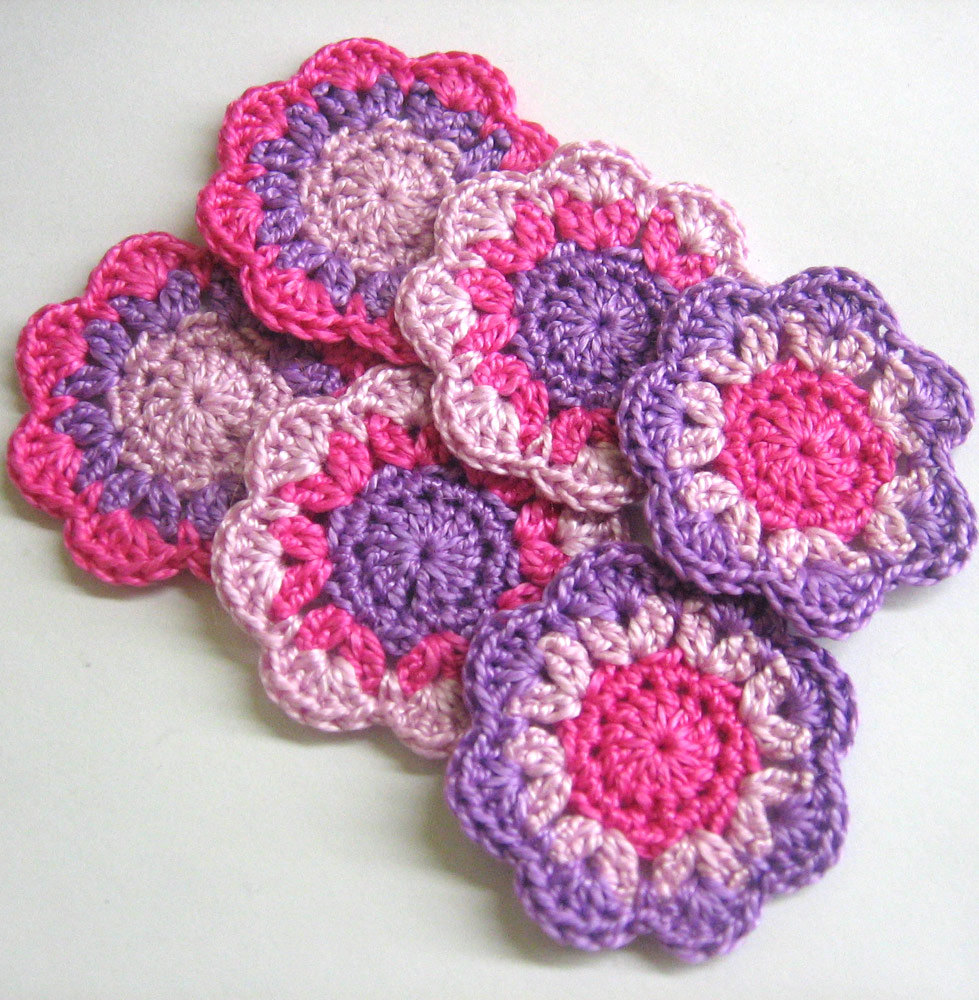 Handmade Cotton Flower Motifs Appliques In Pink And Purple, 2 Inches, Set Of Six