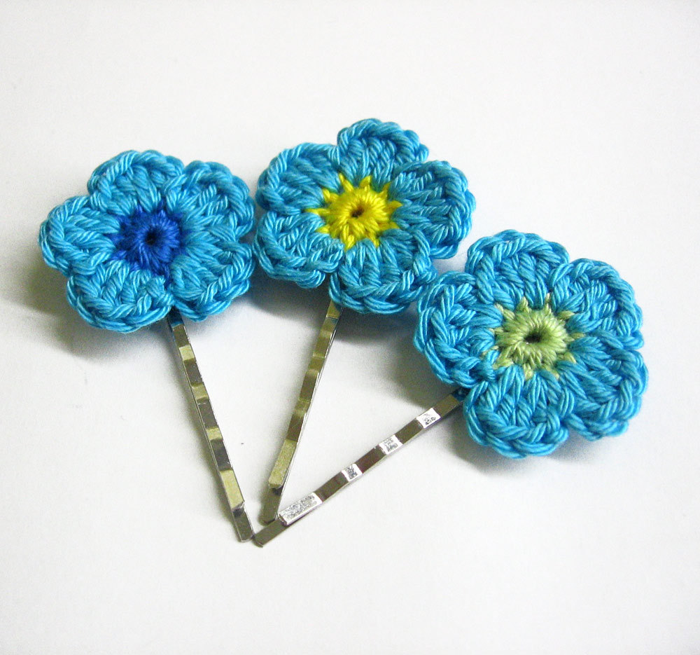 Crocheted Flower Bobby Pins Light Blue Flowers Set Of 3
