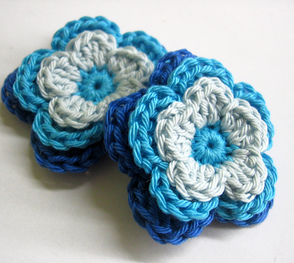 Handmade Crocheted Cotton Flower Appliques In Blue Shades, 2 Inches, Set Of 2