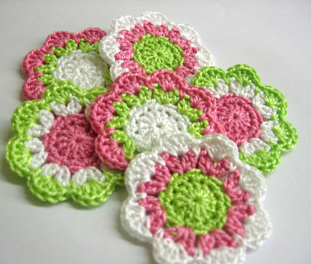 Handmade Cotton Flower Motifs Appliques In Soft Pink Light Green And White 2 Inches Wide Set Of 6