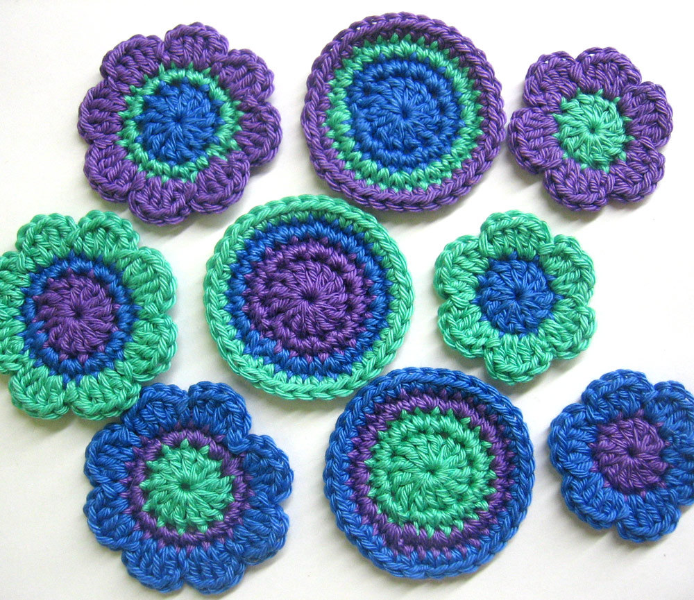 Handmade Crocheted Cotton Appliques Flowers And Circles Set Of Nine Navy Blue Purple Mint Green