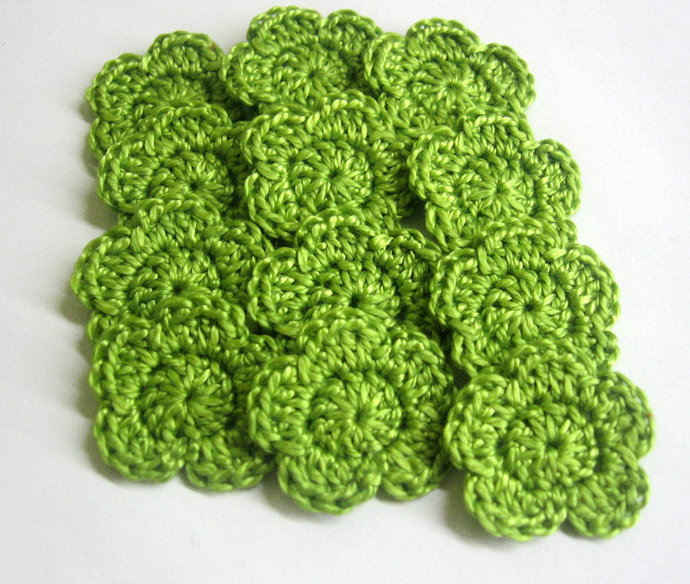 Handmade Crocheted Cotton Tiny Flower Appliques Set Of Twelve Green One Inch