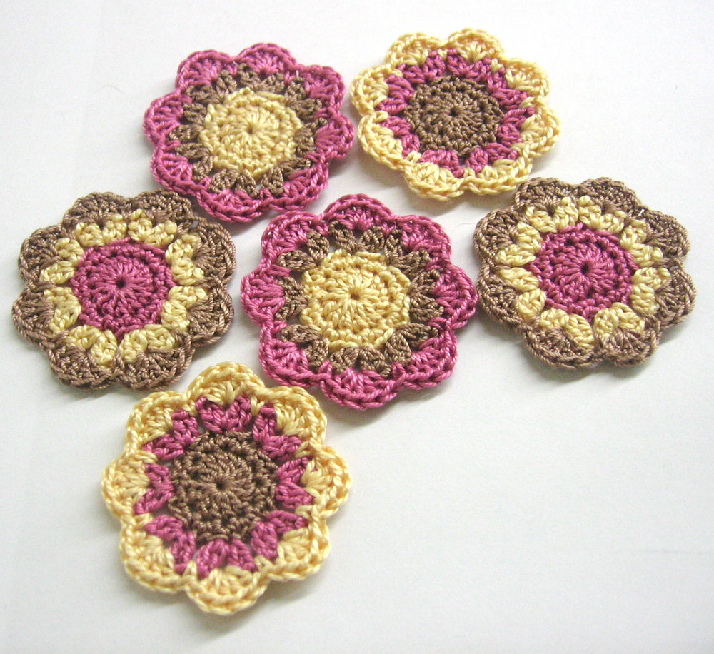 Handmade Cotton Flower Motifs Appliques In Brown, Yellow And Violet, Set Of Six, 2 Inches