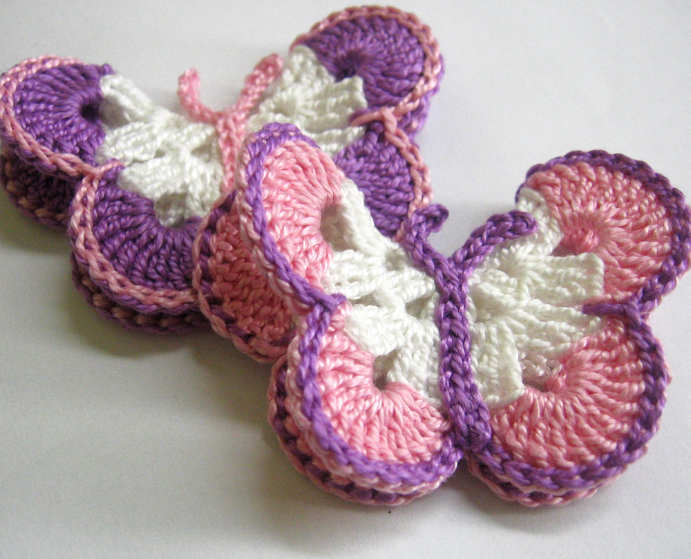 Crocheted Butterfly Appliques 2pc In White Pink And Purple, 3 Inches Wide