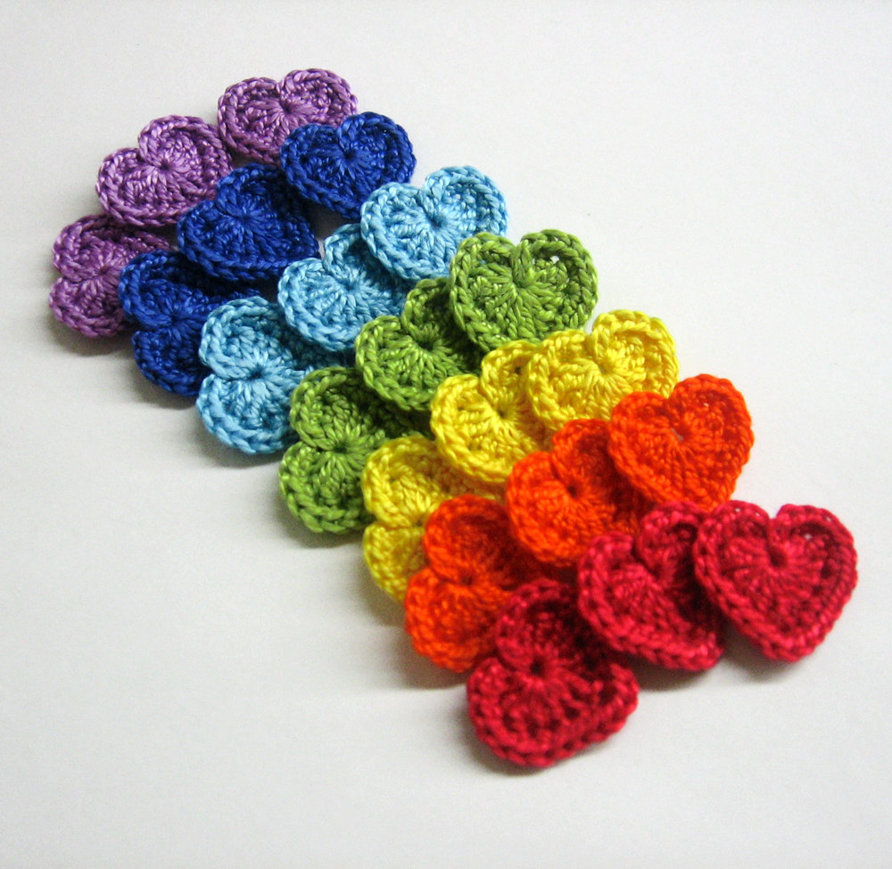 Crocheted Tiny Hearts 0.8 Inches Colorful Appliques, Rainbow Set Of 21