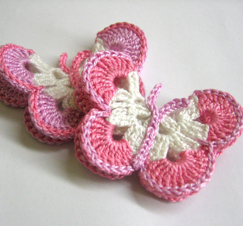 Crocheted Butterfly Appliques 2pc In White Pink And Lavender, 3 Inches Wide