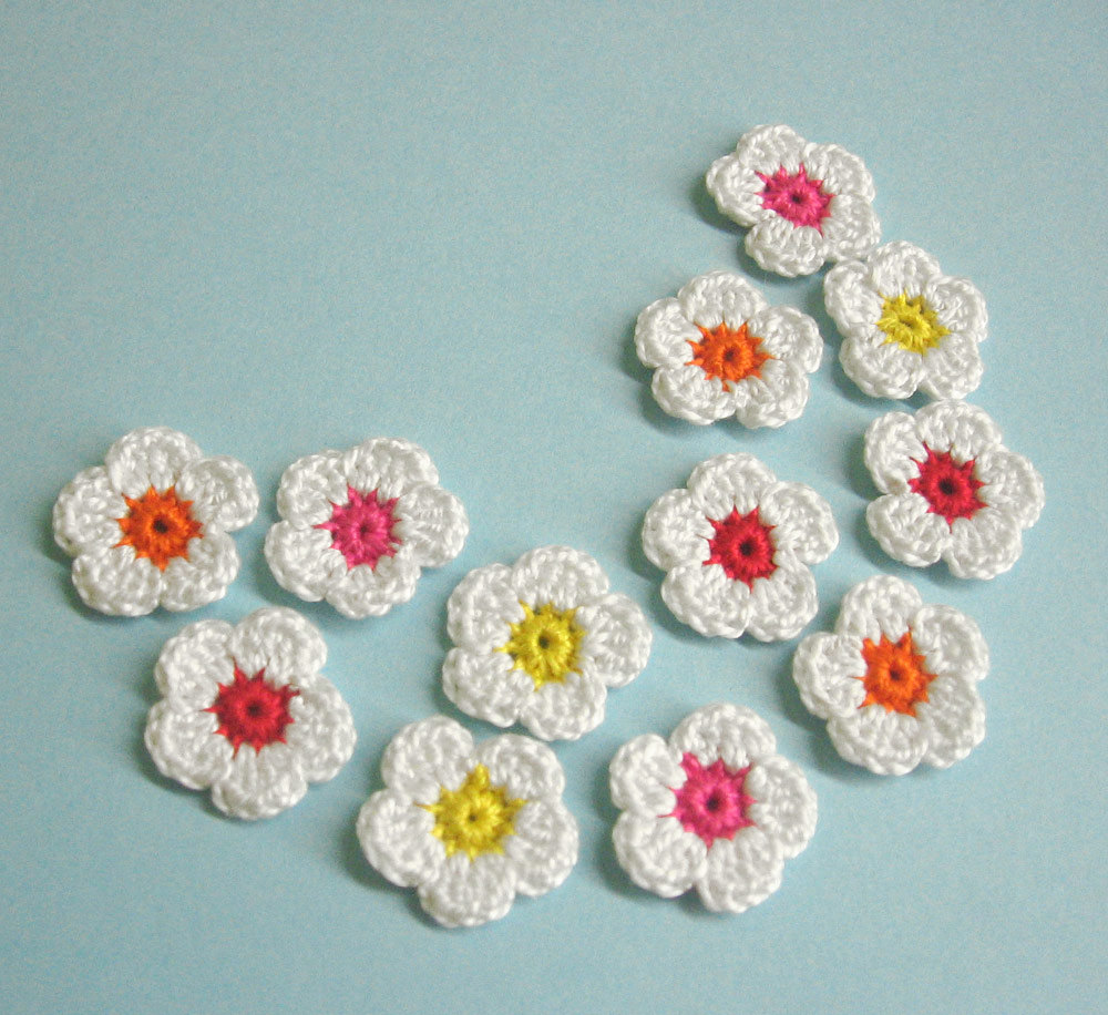 Handmade Crocheted Cotton Tiny Flower Appliques Set Of Twelve White 0.8 Inches
