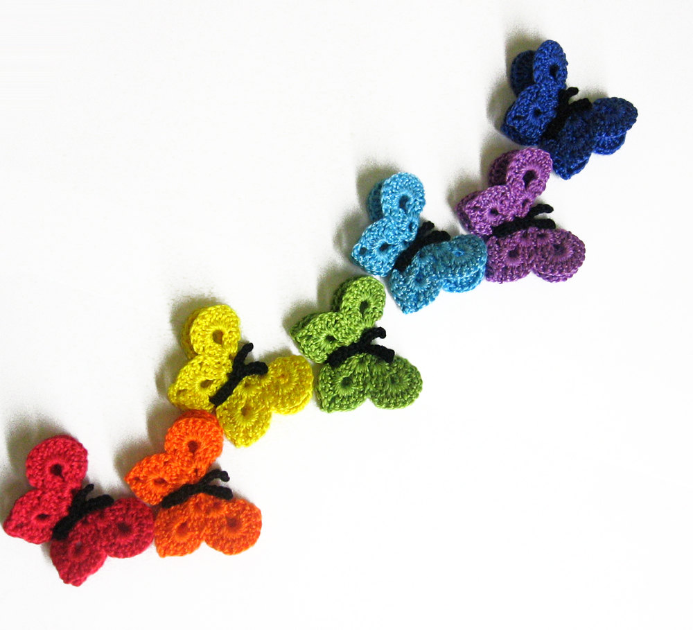 Crocheted Butterfly Appliques Handmade 7 Pieces Rainbow Mix Or Choose Your Color