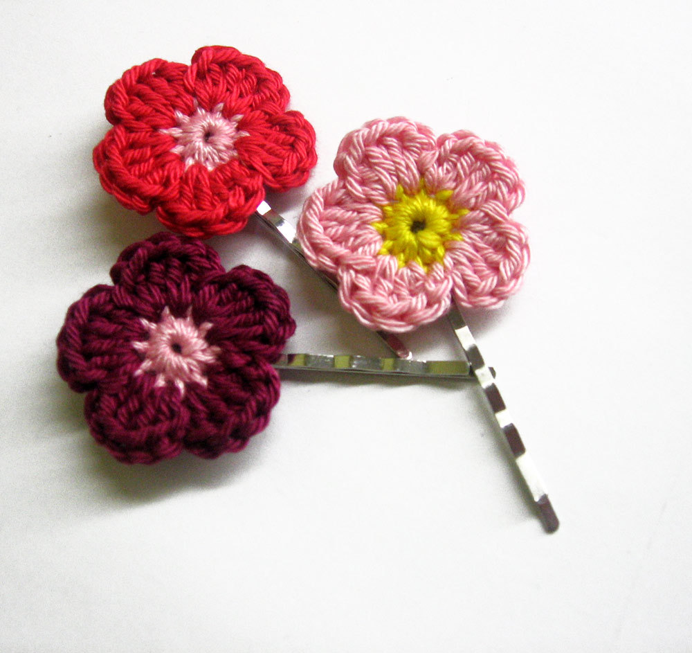 Crocheted Bobby Pins Colorful Flowers In Pink, Red And Maroon Red Set Of 3