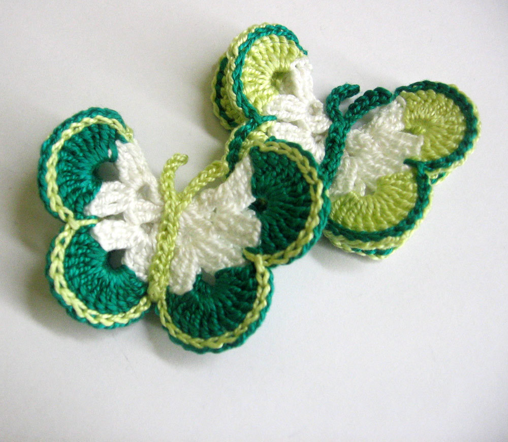 Handmade Crocheted Butterfly Appliques Set Of 2 In Jade, Light Green And White