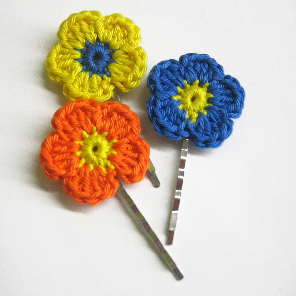 Crocheted Bobby Pins Colorful Flowers In Blue, Yellow And Orange Set Of 3
