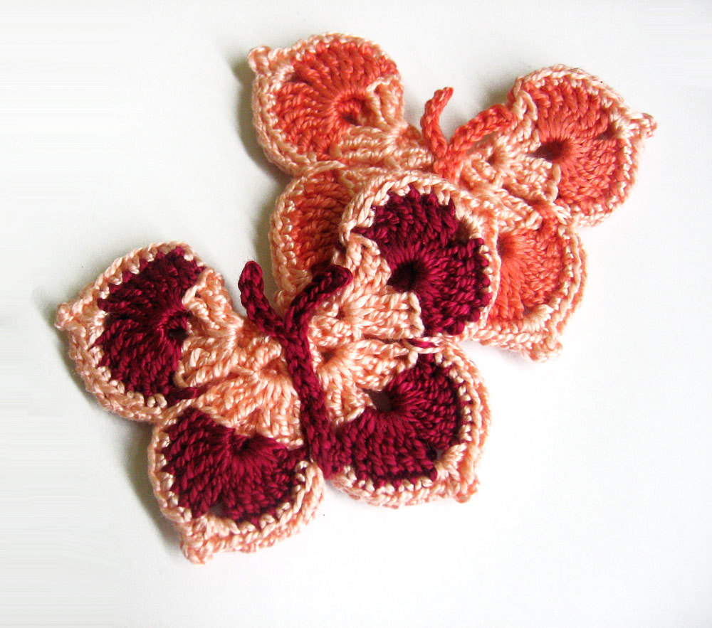 Handmade Crocheted Butterfly Appliques Set Of 2 In Peach Pink, Maroon Red And Burned Orange