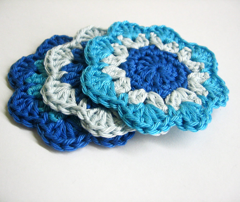 Handmade Crocheted Flower Motif Appliques In Blue Shades 2,5 Inches Wide