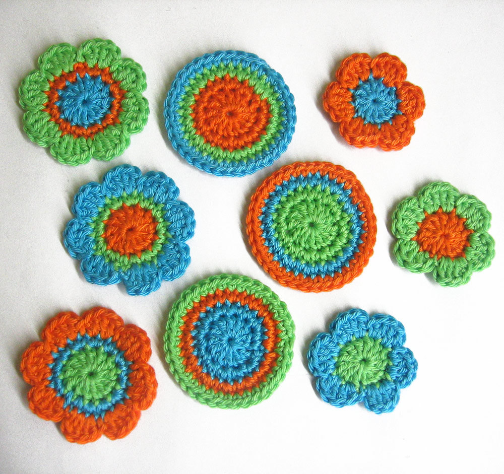 Handmade Crocheted Cotton Appliques Flowers And Circles 9pc Light Turquoise Orange And Light Green