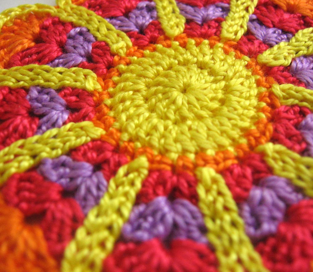 Handmade Crocheted Flower Motif Applique Red Yellow Purple Orange 3,5 Inches Wide