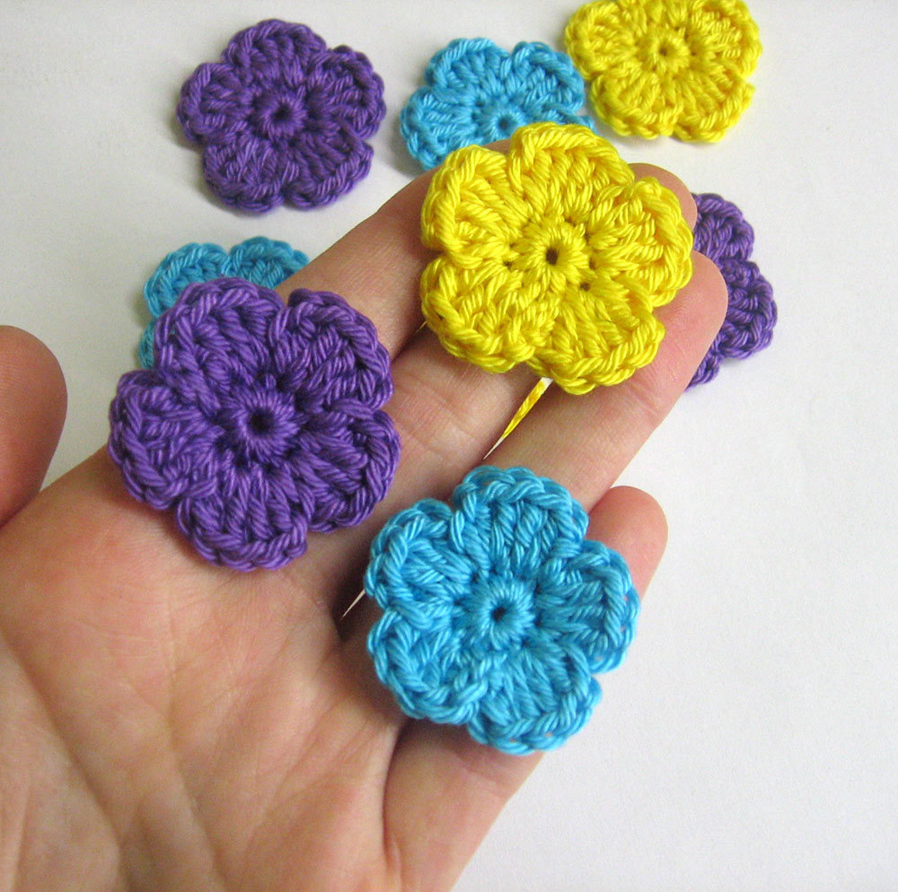 Handmade Crocheted Cotton Flower Appliques Set Of Nine Purple Yellow Light Turquoise Blue